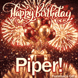 Festive red gift box GIF with the name Piper written in bold script under metallic balloons.