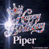 Happy Birthday Piper animated GIF featuring a majestic silver crown decorated with rubies and emeralds.