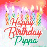 Bright birthday candles with rainbow flames on a cake, alongside the text 'Happy Birthday Pippa' in vibrant script in this celebratory animated GIF.