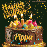 A delightful chocolate birthday cake with bright candles and 'Happy Birthday Pippa' written in gold amidst a shower of animated stars.