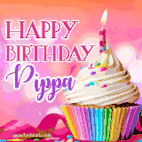 A vibrant birthday GIF featuring a rainbow-colored cupcake topped with white frosting, sprinkles, and a lit candle. The text reads 'Happy Birthday Pippa' in bold pink and violet letters with white outline.
