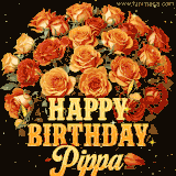 Animated bouquet of orange roses with moving butterfles and golden 'Happy Birthday Pippa' text, surrounded by sparkling accents and a dark backdrop for a luxurious feel.