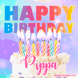 A vibrant animated name GIF with the words 'Happy Birthday Pippa' with colorful candles on a creamy cake. The background sparkles with pastel shades, adding a festive touch.