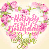 A stunning heart made of pink roses surrounds the elegant script text 'Happy Birthday Pippa' on a soft beige background. Animated sparkles add a magical and festive feel.