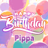 A vibrant name GIF featuring colorful balloons in shades of pink, orange, and yellow with the bold text 'Happy Birthday Pippa' in festive fonts, creating a lively birthday vibe.