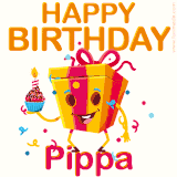 A vibrant and funny gift box character with a happy face dancing with a cupcake and the text 'Happy Birthday Pippa,' surrounded by animated confetti and party vibes.