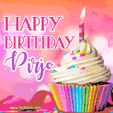 A vibrant birthday GIF featuring a rainbow-colored cupcake topped with white frosting, sprinkles, and a lit candle. The text reads 'Happy Birthday Pirjo' in bold pink and violet letters with white outline.