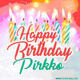 Bright birthday candles with rainbow flames on a cake, alongside the text 'Happy Birthday Pirkko' in vibrant script in this celebratory animated GIF.