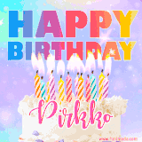 A vibrant animated name GIF with the words 'Happy Birthday Pirkko' with colorful candles on a creamy cake. The background sparkles with pastel shades, adding a festive touch.