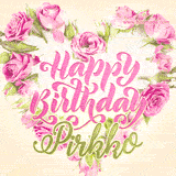 A stunning heart made of pink roses surrounds the elegant script text 'Happy Birthday Pirkko' on a soft beige background. Animated sparkles add a magical and festive feel.