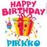 A vibrant and funny gift box character with a happy face dancing with a cupcake and the text 'Happy Birthday Pirkko,' surrounded by animated confetti and party vibes.
