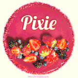 Beautifully decorated red velvet berry birthday cake with vibrant fruits and a glowing 'Pixie' name, adding a touch of sweetness and sparkle.