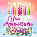 A white birthday cake covered in colorful sprinkles, topped with bright candles, and French text 'Bon Anniversaire Pixie' on a pastel gradient background in an animated GIF.