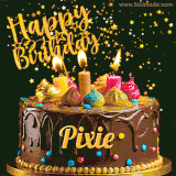 A delightful chocolate birthday cake with bright candles and 'Happy Birthday Pixie' written in gold amidst a shower of animated stars.