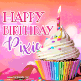 A vibrant birthday GIF featuring a rainbow-colored cupcake topped with white frosting, sprinkles, and a lit candle. The text reads 'Happy Birthday Pixie' in bold pink and violet letters with white outline.