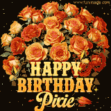 Animated bouquet of orange roses with moving butterfles and golden 'Happy Birthday Pixie' text, surrounded by sparkling accents and a dark backdrop for a luxurious feel.