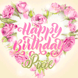 A stunning heart made of pink roses surrounds the elegant script text 'Happy Birthday Pixie' on a soft beige background. Animated sparkles add a magical and festive feel.