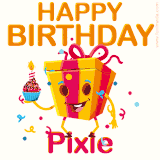 A vibrant and funny gift box character with a happy face dancing with a cupcake and the text 'Happy Birthday Pixie,' surrounded by animated confetti and party vibes.