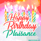Bright birthday candles with rainbow flames on a cake, alongside the text 'Happy Birthday Plaisance' in vibrant script in this celebratory animated GIF.