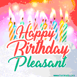 Bright birthday candles with rainbow flames on a cake, alongside the text 'Happy Birthday Pleasant' in vibrant script in this celebratory animated GIF.