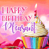 A vibrant birthday GIF featuring a rainbow-colored cupcake topped with white frosting, sprinkles, and a lit candle. The text reads 'Happy Birthday Pleasant' in bold pink and violet letters with white outline.