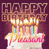 A colorful birthday cake topped with lit candles, with the words 'Happy Birthday Pleasant' in bold glowing letters on a burgundy background. Animated flames add a festive touch.