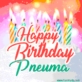 Bright birthday candles with rainbow flames on a cake, alongside the text 'Happy Birthday Pneuma' in vibrant script in this celebratory animated GIF.