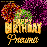 A golden 'Happy Birthday Pneuma' message with vibrant fireworks in the background, creating a festive and celebratory vibe in this animated name GIF.