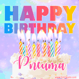 A vibrant animated name GIF with the words 'Happy Birthday Pneuma' with colorful candles on a creamy cake. The background sparkles with pastel shades, adding a festive touch.