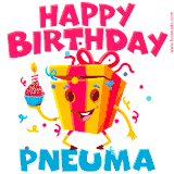 A vibrant and funny gift box character with a happy face dancing with a cupcake and the text 'Happy Birthday Pneuma,' surrounded by animated confetti and party vibes.