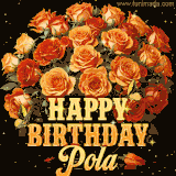 Animated bouquet of orange roses with moving butterfles and golden 'Happy Birthday Pola' text, surrounded by sparkling accents and a dark backdrop for a luxurious feel.