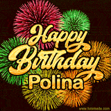 Golden text reading 'Happy Birthday Polina' surrounded by vibrant fireworks in red, green, and yellow, set against a dark background in this celebratory birthday GIF.