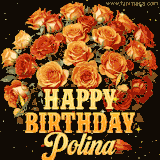Animated bouquet of orange roses with moving butterfles and golden 'Happy Birthday Polina' text, surrounded by sparkling accents and a dark backdrop for a luxurious feel.