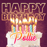 A colorful birthday cake topped with lit candles, with the words 'Happy Birthday Pollie' in bold glowing letters on a burgundy background. Animated flames add a festive touch.