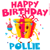 A vibrant and funny gift box character with a happy face dancing with a cupcake and the text 'Happy Birthday Pollie,' surrounded by animated confetti and party vibes.