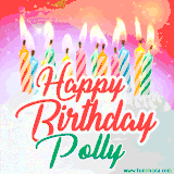 Bright birthday candles with rainbow flames on a cake, alongside the text 'Happy Birthday Polly' in vibrant script in this celebratory animated GIF.