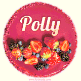Beautifully decorated red velvet berry birthday cake with vibrant fruits and a glowing 'Polly' name, adding a touch of sweetness and sparkle.