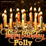 A glowing personalized birthday GIF with name Polly featuring lit candles with intricate designs, warm lighting, and the text 'Happy Birthday' in an elegant font.