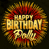 Golden 'Happy Birthday Polly' text accompanied by animated rainbow fireworks for a festive animated greeting.