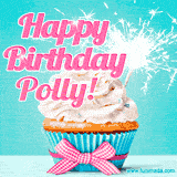 A festive cupcake with pink icing, a gingham bow, and a lit animated sparkler, paired with 'Happy Birthday Polly!' in bright pink text.