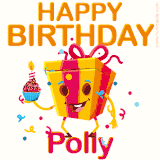 A vibrant and funny gift box character with a happy face dancing with a cupcake and the text 'Happy Birthday Polly,' surrounded by animated confetti and party vibes.