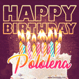 A colorful birthday cake topped with lit candles, with the words 'Happy Birthday Pololena' in bold glowing letters on a burgundy background. Animated flames add a festive touch.