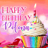 A vibrant birthday GIF featuring a rainbow-colored cupcake topped with white frosting, sprinkles, and a lit candle. The text reads 'Happy Birthday Polona' in bold pink and violet letters with white outline.