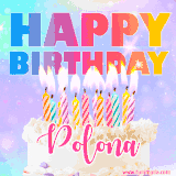 A vibrant animated name GIF with the words 'Happy Birthday Polona' with colorful candles on a creamy cake. The background sparkles with pastel shades, adding a festive touch.