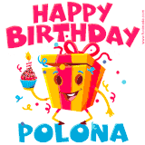 A vibrant and funny gift box character with a happy face dancing with a cupcake and the text 'Happy Birthday Polona,' surrounded by animated confetti and party vibes.