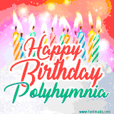 Bright birthday candles with rainbow flames on a cake, alongside the text 'Happy Birthday Polyhymnia' in vibrant script in this celebratory animated GIF.