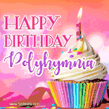 A vibrant birthday GIF featuring a rainbow-colored cupcake topped with white frosting, sprinkles, and a lit candle. The text reads 'Happy Birthday Polyhymnia' in bold pink and violet letters with white outline.