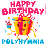 A vibrant and funny gift box character with a happy face dancing with a cupcake and the text 'Happy Birthday Polyhymnia,' surrounded by animated confetti and party vibes.