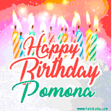Bright birthday candles with rainbow flames on a cake, alongside the text 'Happy Birthday Pomona' in vibrant script in this celebratory animated GIF.