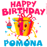 A vibrant and funny gift box character with a happy face dancing with a cupcake and the text 'Happy Birthday Pomona,' surrounded by animated confetti and party vibes.